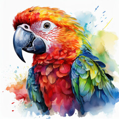 Obraz premium vibrant watercolor painting of parrot showcases its stunning feathers in blend of bright colors. artwork captures beauty and liveliness of this exotic bird, evoking sense of joy and wonder