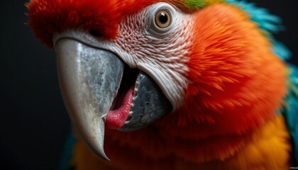Fototapeta premium Closeup Of A Vivid Parrot With Red Orange And Green Feathers Against Dark