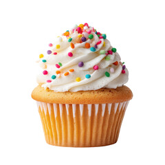Delicious vanilla cupcake with white frosting and colorful sprinkles. Perfect for birthdays and celebrations.