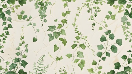 Hand Drawn Green Plant and Leaf Pattern – Vintage Botanical Pencil Illustration on Minimal Off-White Background, Generative AI