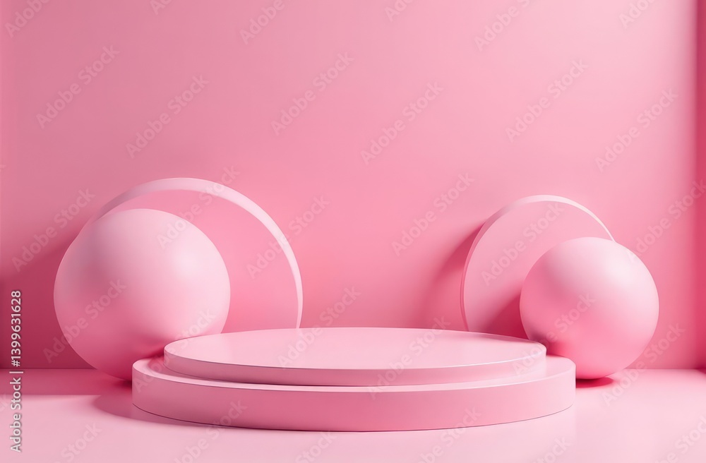 Poster round pink podium stage with half rounded sphere and orbits. elegant visual background for promoting