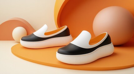 3D rendering of black and white slip-on shoes with a platform sole on minimalistic orange background, product design photography style