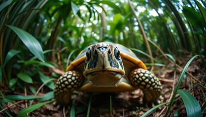 A hyper-realistic, close-up front view, animal selfie, symmetrical close-up shot of turtle in a jungle captured through an anamorphic lens.