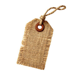 Rustic burlap tag with jute string and wooden ring. Ideal for product labeling, gift wrapping, or craft projects.