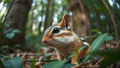 A hyper-realistic, close-up side view, animal selfie, symmetrical close-up shot of a chipmunk in a jungle captured through an anamorphic lens.