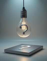 A glowing light bulb is suspended above a laptop, casting a warm glow on the keyboard, symbolizing innovation and ideas in a digital workspace.