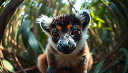 Naklejka premium A hyper-realistic, close-up front view, animal selfie, symmetrical close-up shot of a mouse lemur in a jungle captured through an anamorphic lens.