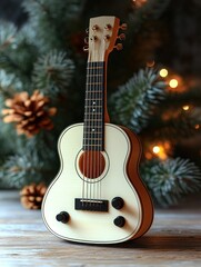 Miniature guitar, Christmas tree, lights, wood, holiday gift