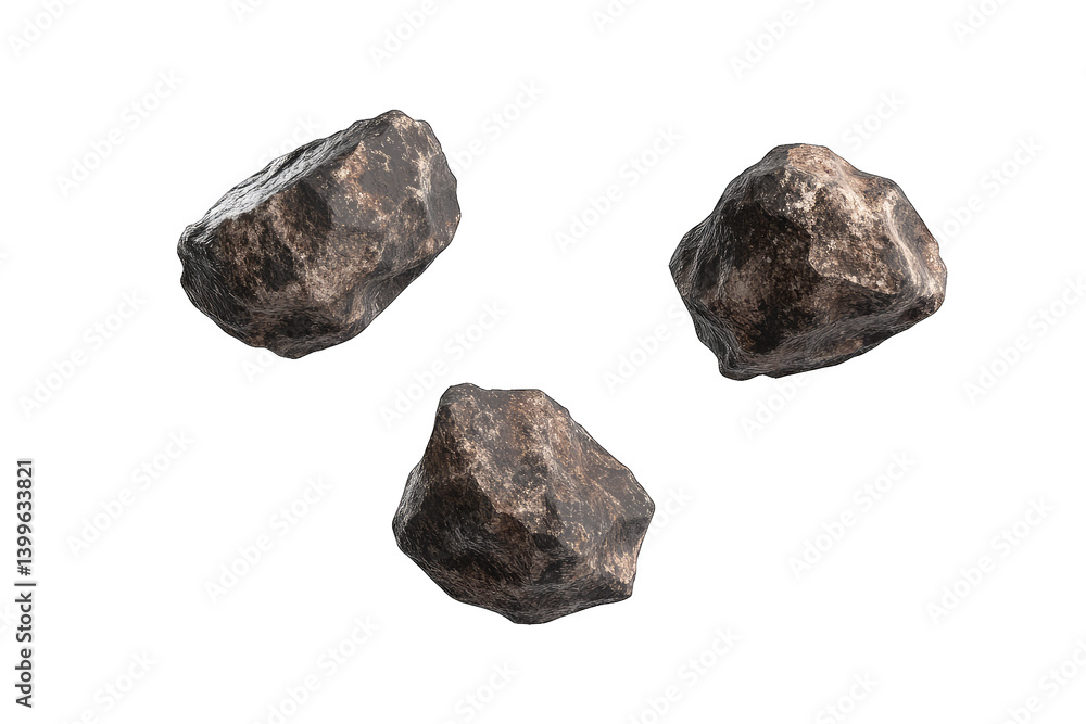 Poster three irregularly shaped rocks floating in space against a white background emphasizing their textur