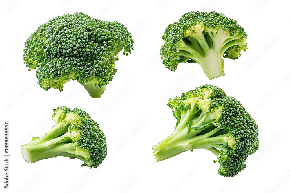 Poster several pieces of fresh broccoli highlighting their vibrant green color and unique shapes visually a
