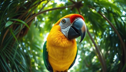 A hyper-realistic, close-up front view, animal selfie, symmetrical close-up shot of a parrot in a jungle captured through an anamorphic lens.