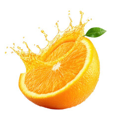 Fresh orange slice with juice splash and leaf. Concept of healthy eating, vitamins, and refreshing drinks.