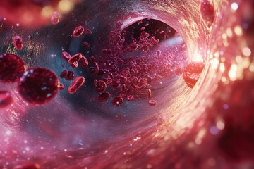 Microscopic view of red blood cells flowing through a blood vessel, illustrating circulatory system.