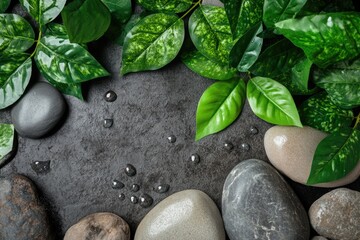 Serene spa scene with smooth stones, lush green leaves, and water droplets on a dark surface.