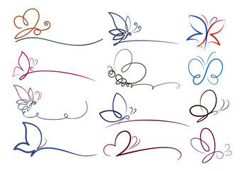 Set of stylized flying butterfly logos.
