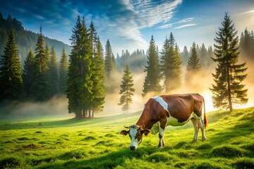 Serene Cow Grazing in Misty Pine Forest Meadow - Rural Landscape Stock Photo