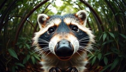 A hyper-realistic, close-up front view, animal selfie, symmetrical close-up shot of raccoon in a jungle captured through an anamorphic lens.