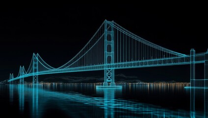 Fototapeta premium Digital rendering of a suspension bridge, illuminated with a cyan glow, over water reflecting the image, with mountains in the background