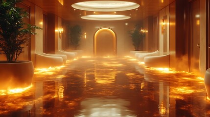 Golden Corridor Interior with Futuristic, and Abstract.