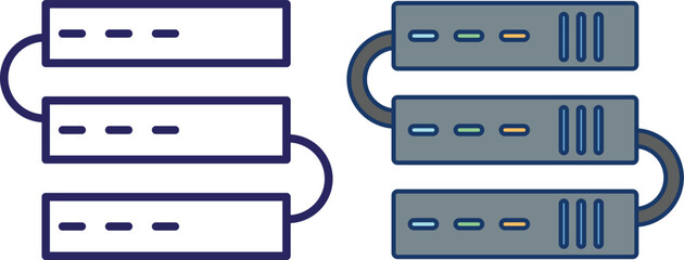 Modern server icon set in flat, outline, and colorful styles. Includes data storage, server rack symbols, perfect for hosting, cloud computing, and tech-related user interface designs.
