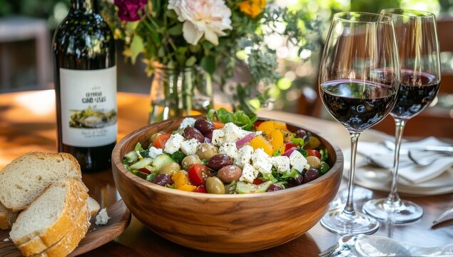 Mediterranean feast with salad and wine - Powered by Adobe
