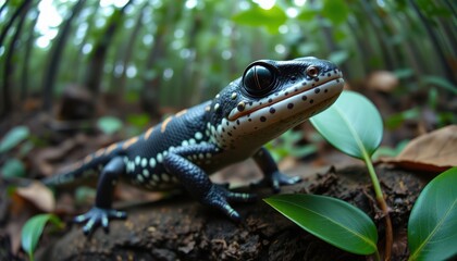 A hyper-realistic, close-up side view, animal selfie, symmetrical close-up shot of salamander in a jungle captured through an anamorphic lens.