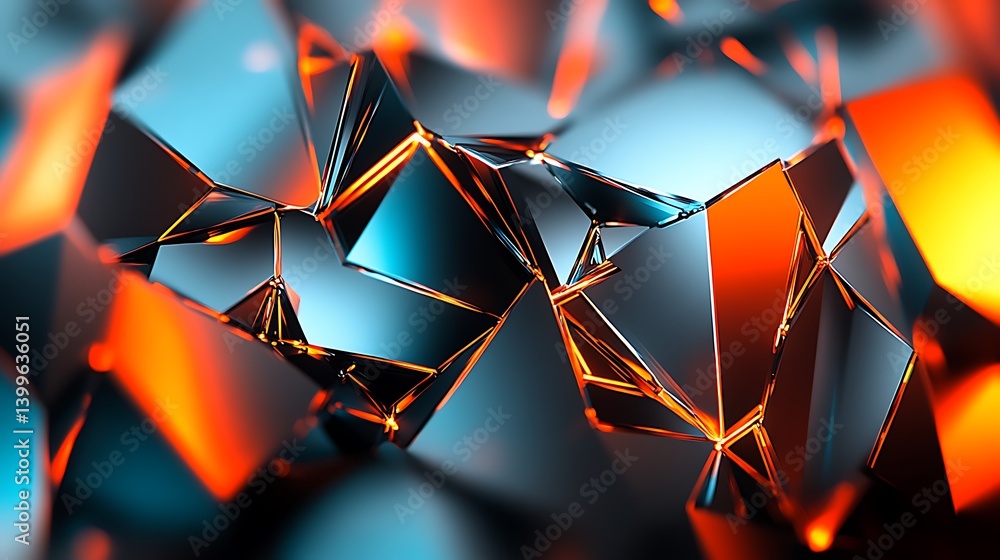 Poster abstract shattered geometric shapes in vibrant colors. a close-up view of fragmented, iridescent pol