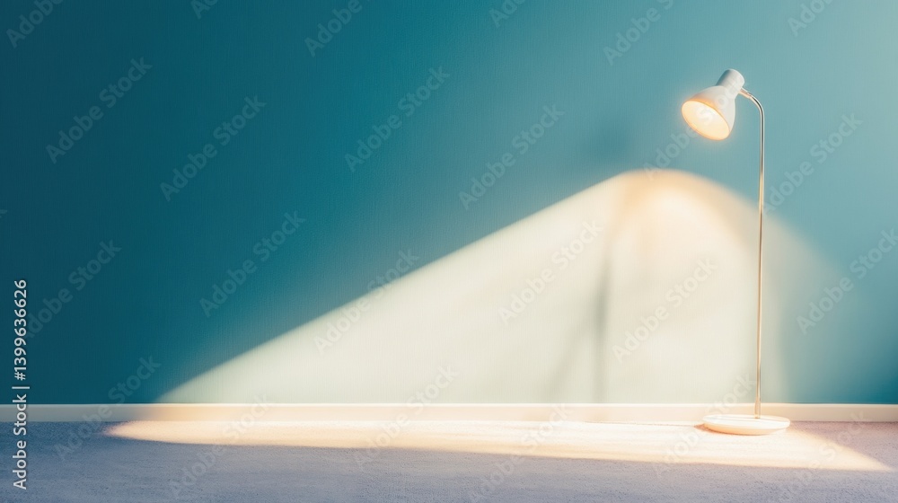 Poster a floor lamp illuminates a quiet space, creating a soft shadow on a blue wall while highlighting the