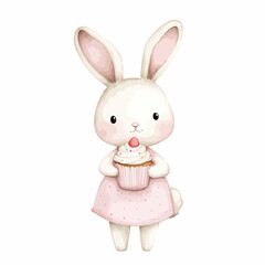 Easter Bunny with Cupcake: An adorable illustration of a cute Easter bunny with a pink dress, holding a delicious cupcake.