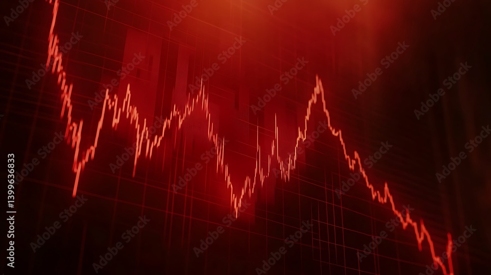Poster declining stock market graph. red graph line showing significant downward trend. dark background