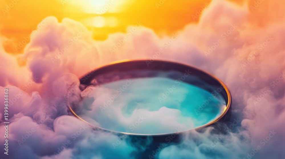 Poster a circular object surrounded by colorful mist catches the reflection of a bright sunset, creating a 