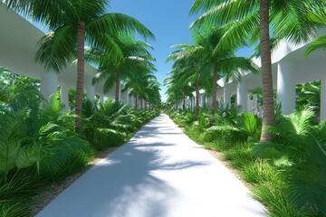 Fototapeta premium Tropical pathway lined with palm trees and lush greenery