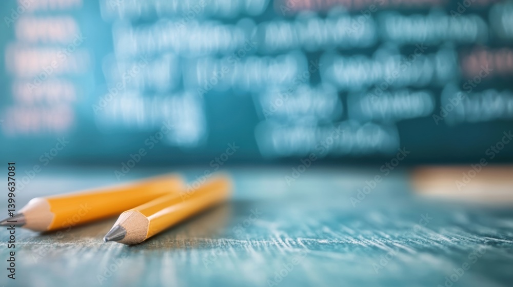 Poster yellow pencils rest on a wooden surface in a classroom filled with chalkboard writings and learning 