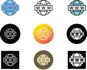 World wide web icon set with 9 colorful vector designs. Includes internet globe, hyperlink symbols, browser icons, and www graphics in a modern, minimal cartoon style.