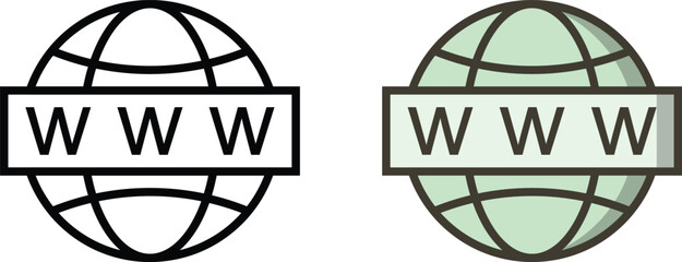 World wide web icon set with 2 colorful vector designs. Includes internet globe, hyperlink symbols, browser icons, and www graphics in a modern, minimal cartoon style.
