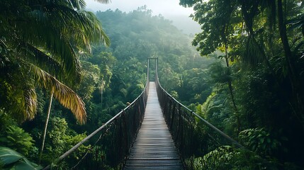 Fototapeta premium Walking Suspension Bridge Through Lush Tropical Rainforest Jungle