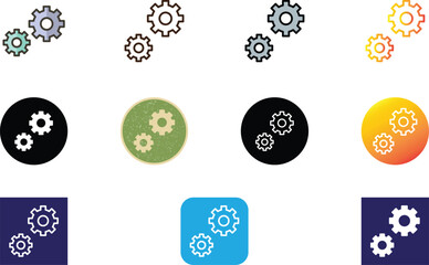Colorful collection of gear and settings icons representing technology, customization,and system setup.Perfect for apps, websites, and UIUX design.Includes 10 icons in different colors.