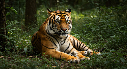 Tiger sitting in a forest, showcasing its striking stripes and alert expression in a natural jungle environment during a softly lit day under the dense tree cover.