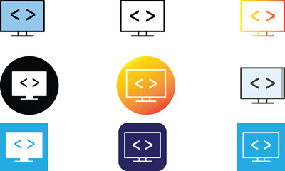 A modern set of computer monitor icons with globe and content lines, representing internet, global access, websites, content management, and online dashboards.