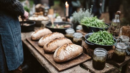 Rustic Outdoor Picnic  Bread  Greens    Jars