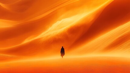 Silhouette of a desert nomad walking through endless dunes, wind blowing sand