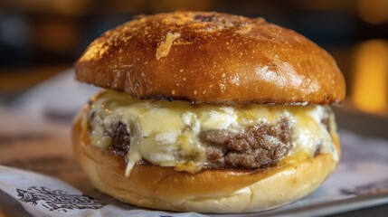 A greasy, overstuffed hamburger with a melting cheese pull, sitting on a crumpled paper wrapper - appetizing texture oil lettuce