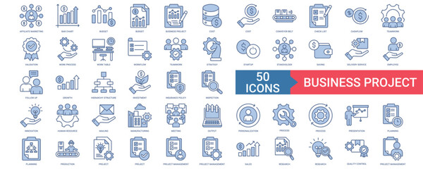 Business Project icon collection set with affiliate marketing, bar chart, budget, cost, conveyor belt	