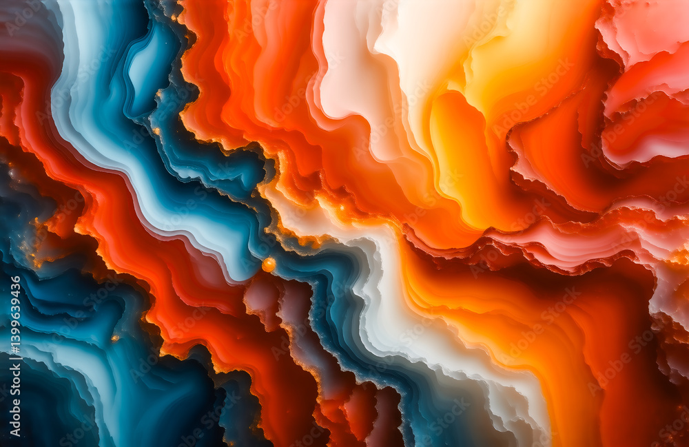 Fototapete abstract artwork featuring vibrant, swirling colors. deep blues and teal transition into fiery orang