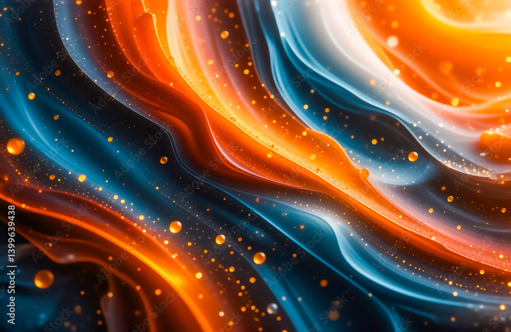 Poster abstract swirling liquid art in vibrant orange, blue, and white hues. glowing spheres and particles 