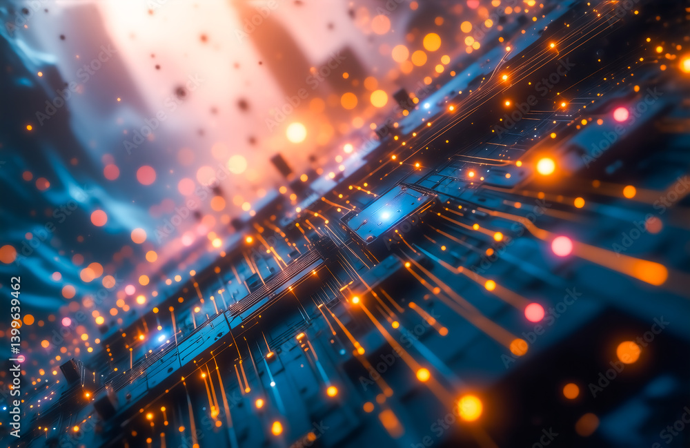 Aufkleber a futuristic cityscape depicted as a complex network of glowing circuits and nodes, with particles f