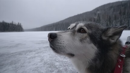 Naklejka premium An Alaskan Siberian Husky gazing intently into the distance across a vast frozen lake - Expansive Frozen Animal Cold Watching