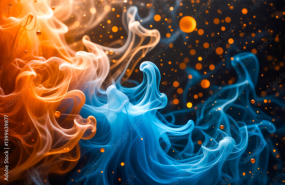 Fototapete abstract image of swirling blue and orange ink in water, with a glittering gold backdrop. the vibran