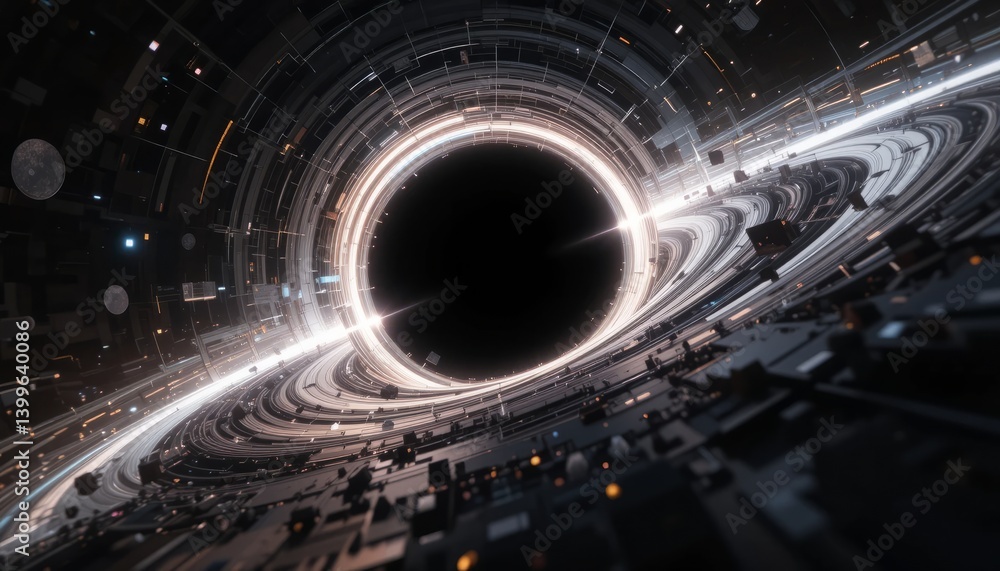 Poster digital representation of a gravitational anomaly with accretion disk and light