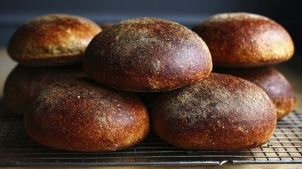 Artisan-style hamburger buns, slightly irregular shape, darker crust, rustic charm, rich flavor implied - food texture homemade crust roll close